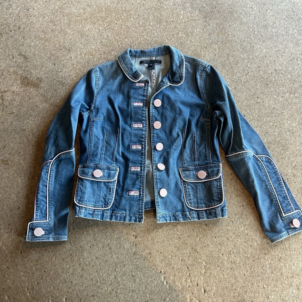 Y2K 2000'S Vintage Marc Jacobs Denim Jean Jacket Pink Trim And Buttons M Heart